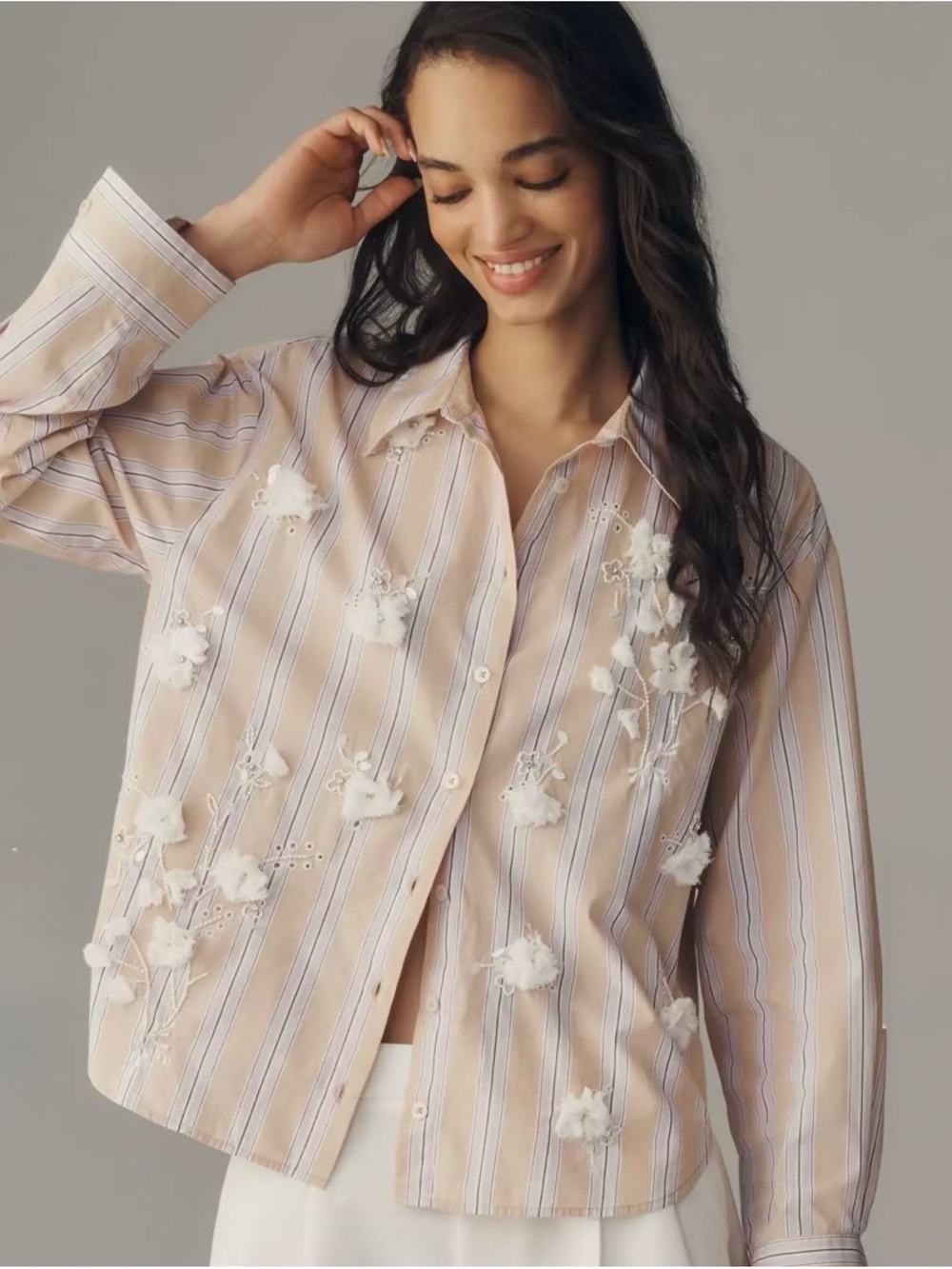 Anthropologie Maeve Bennet Purple Stripe Floral Shrunken Embellished Shirt L NWT - Picture 3 of 15